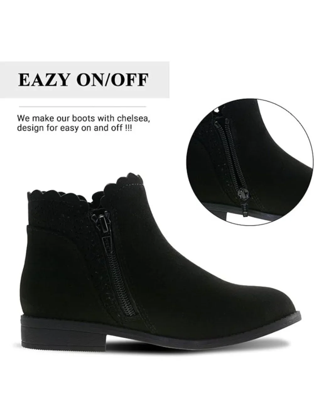 Lselom Girls Size 11 Boots Ankle Black Bow Scalloped Trim Side Zipper Low Heel